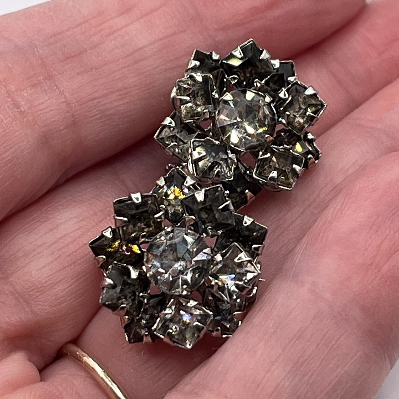 Vintage Set -2 Gray Colorless Rhinestone Silver Tone Cluster Prong Scatter Pins