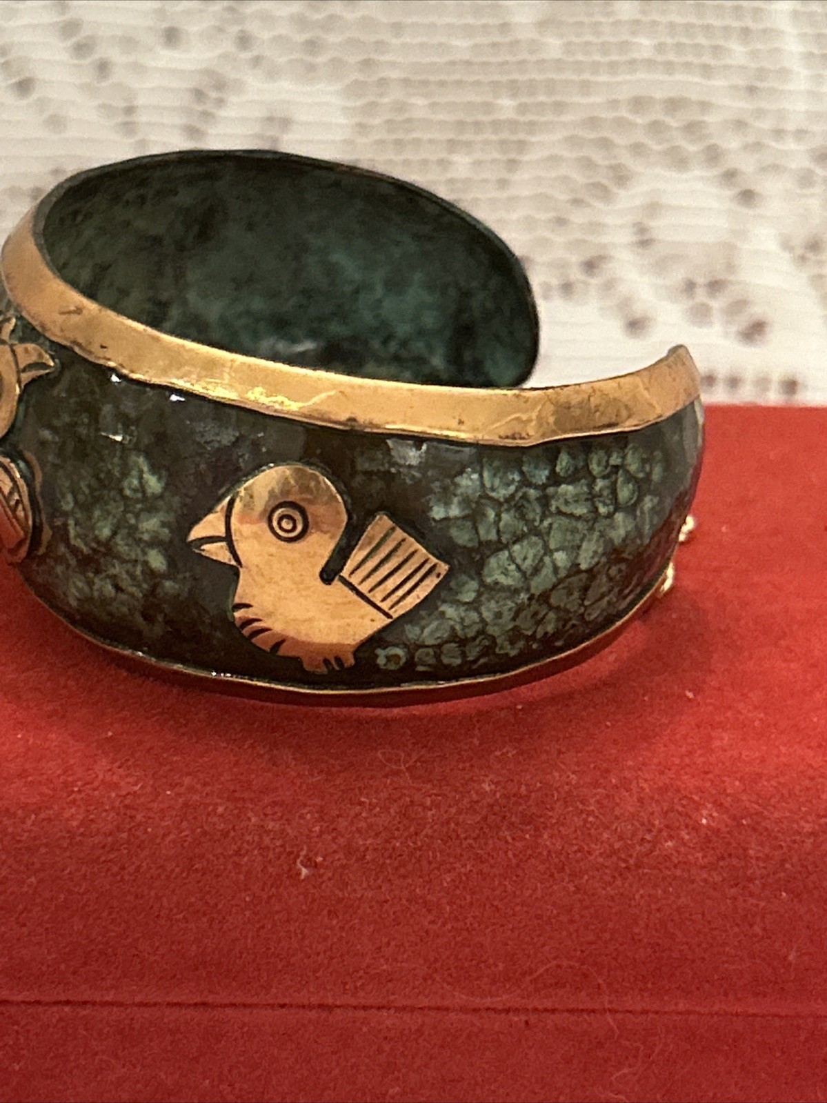 Vintage Copper & Enamel Story Cuff Bracelet With Birds~Safety Clasp