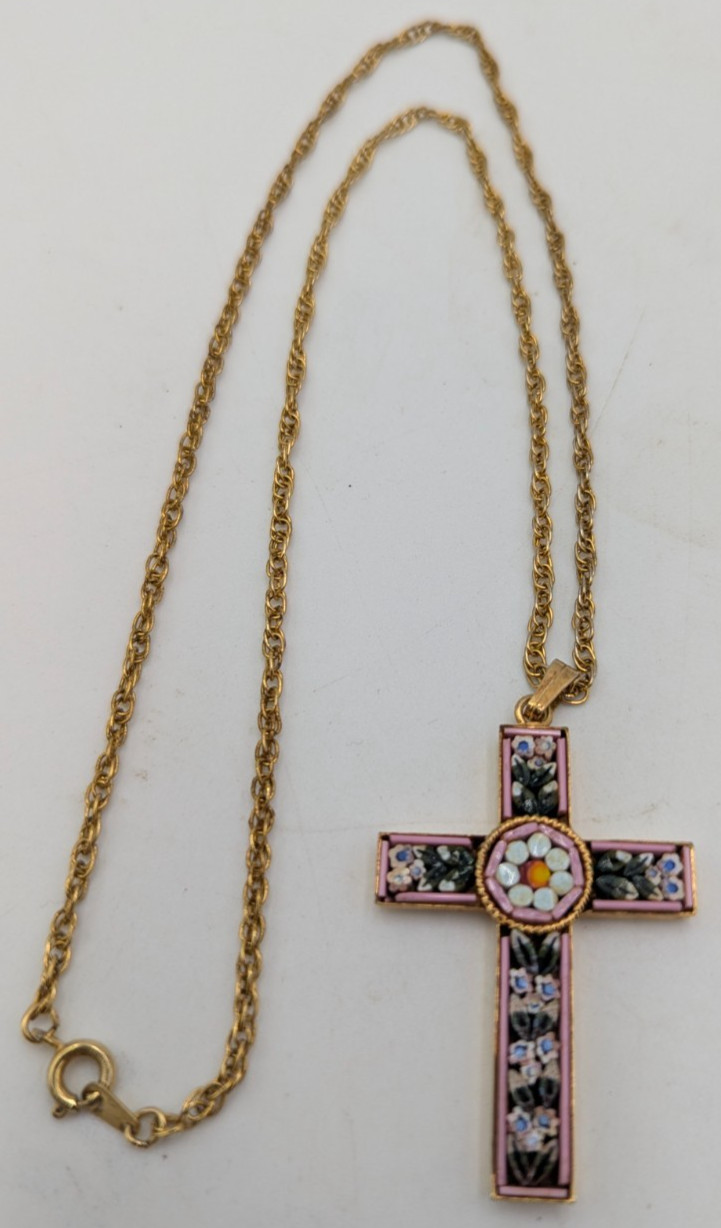 Micro Mosaic Italy Floral Cross Charm Pendant 1 3/4″ Necklace 18 1/2″ Gold Tone