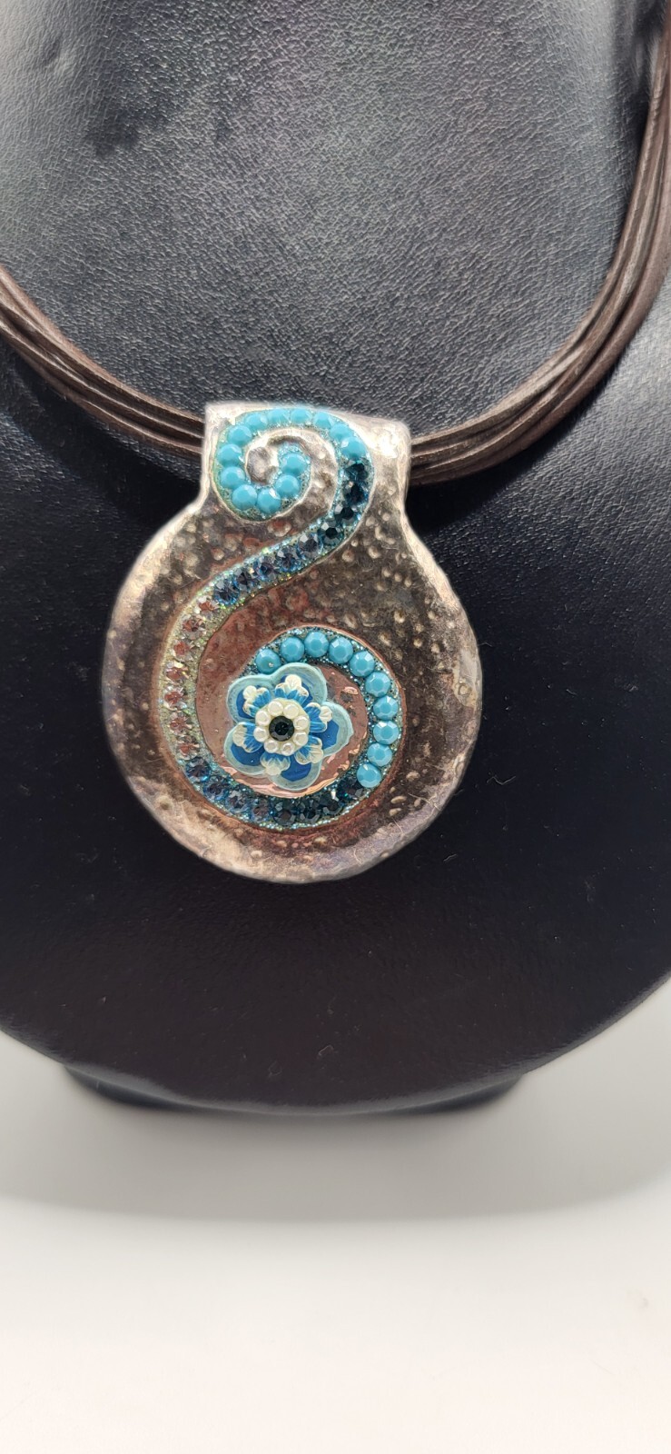 Blue Crystal 925 Sterling Italy Pendant Necklace Leather Cord Artistan Crafted