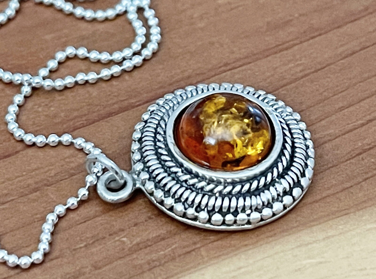 Vintage 925 Sterling Bali Beads, Honey Amber Round Pendant Necklace 16”-17.5” in