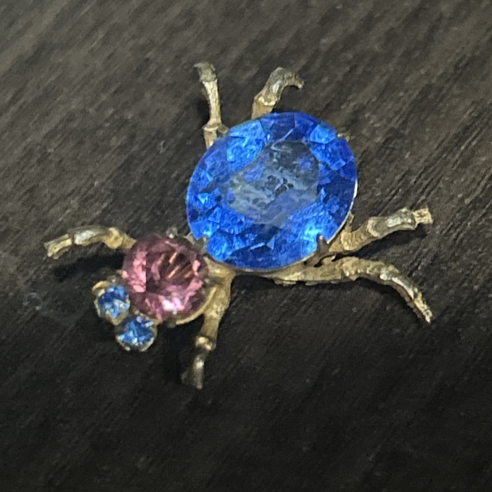Antique Bug Insect Fly Brooch Pin Cobalt Blue Purple Rhinestones Brass Tones