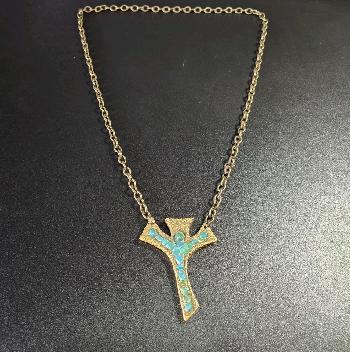 Vintage Mid-Century Brutalist Brass Turquoise Drop Pendant Necklace