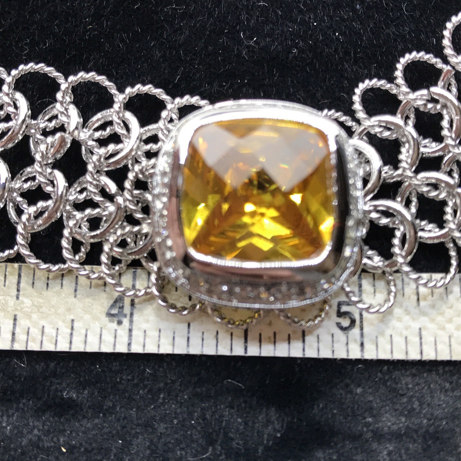 Vintage Silver Choker Chain Lg Citrine Yellow & Clear Cubic Zirconia Necklace