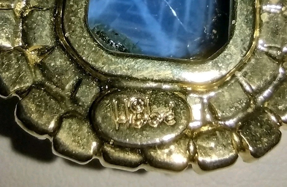 Vintage Hobe Gold Tone Blue Glass, Clear Rhinestone Pendant Only