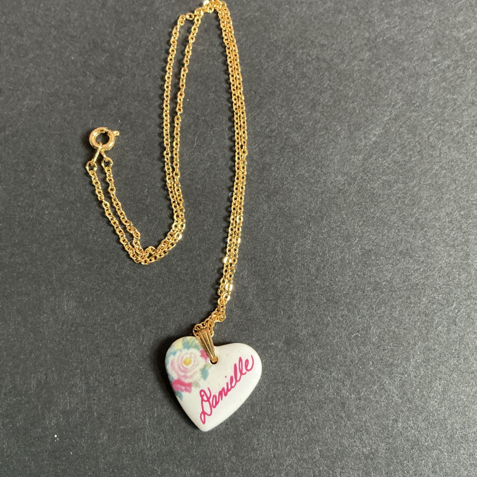 Vintage Name Necklace Danielle Porcelain Heart Rose Floral Pink White Pendant