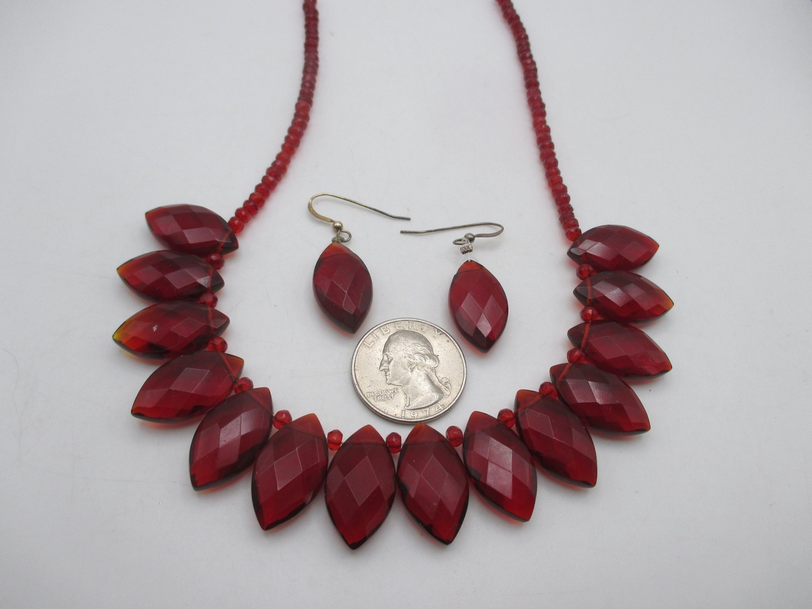 VTG Red Faceted Glass Bead Necklace & Pierced Earrings SET
