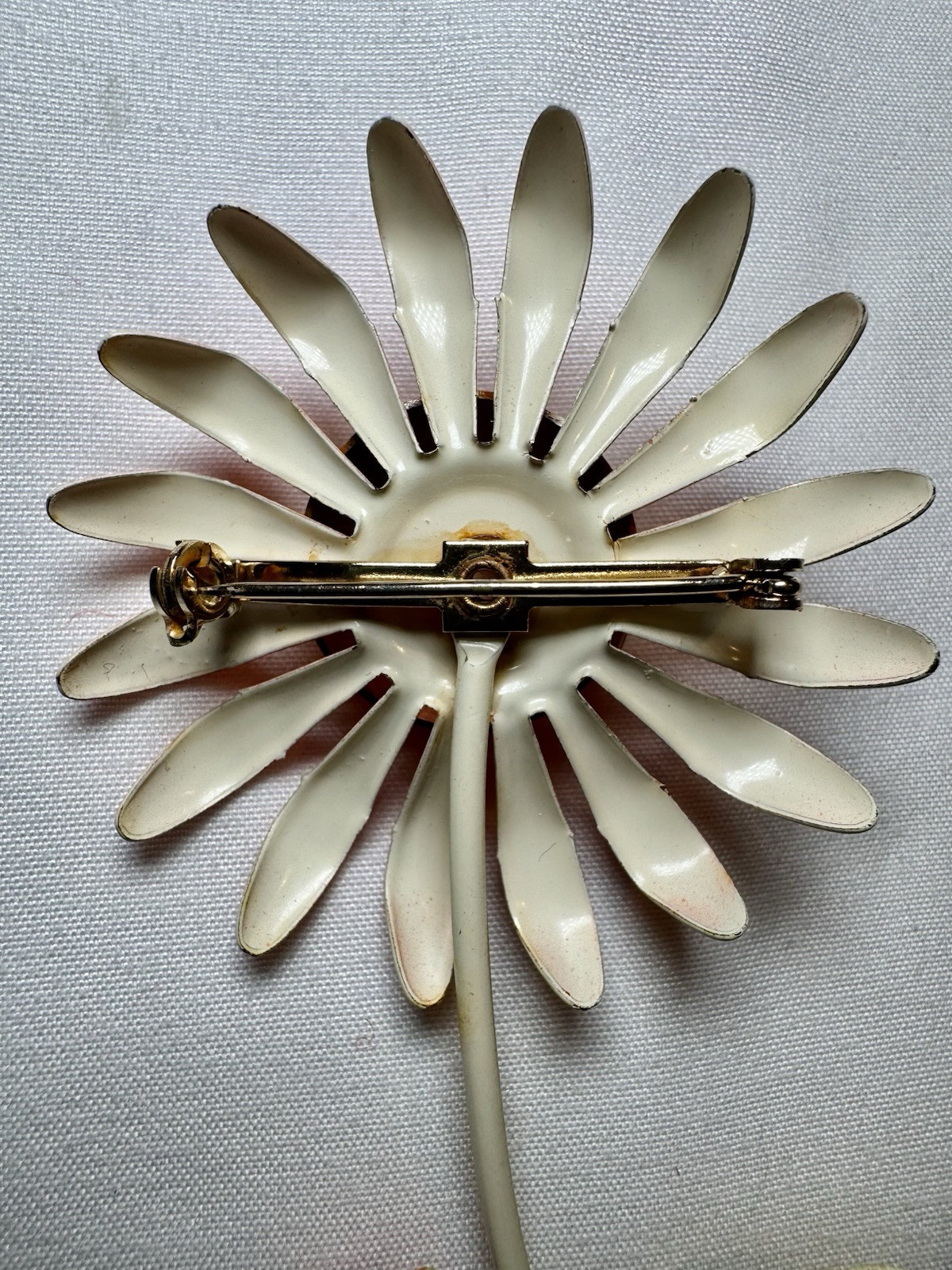 Vintage Orange Yellow Metal Enamel Daisy Flower Floral Brooch Pin 4.25” Spring
