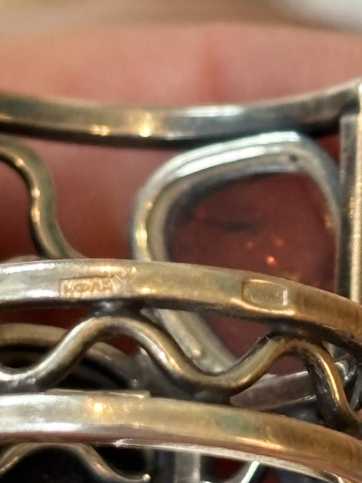 Vtg. HALLMARKED 925 Head Facing Right STERLING SILVER AMBER RING Hand Made 7.5