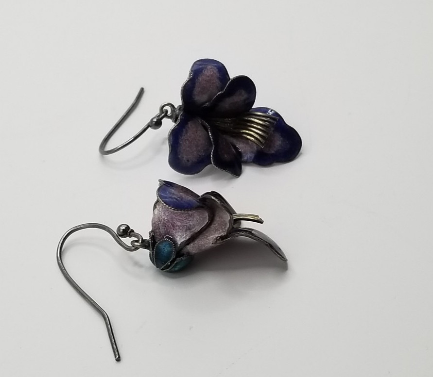 Vtg 925 Sterling Silver Purple & Blue Enameled 3D Pansy Flower Dangle Earrings