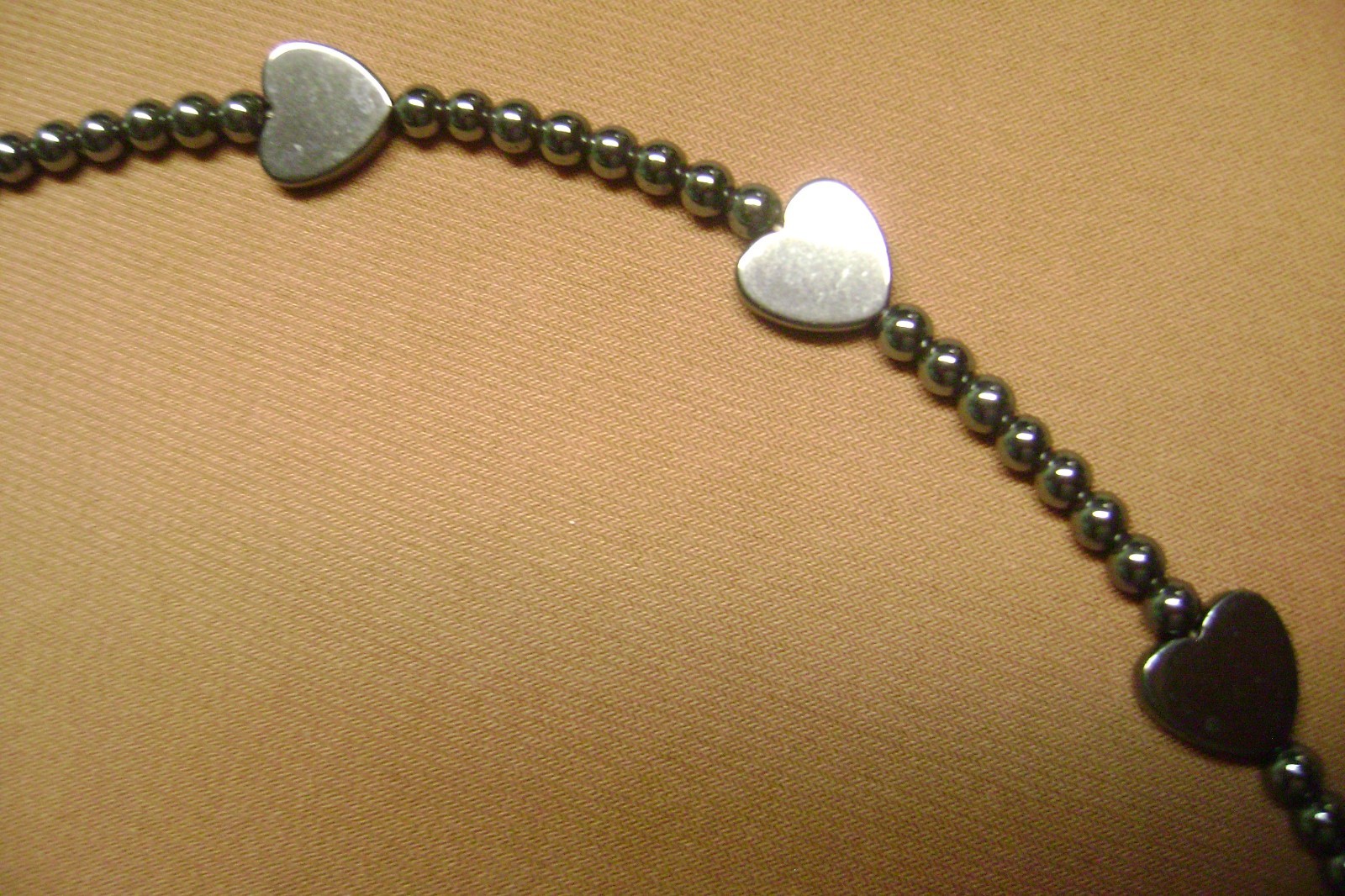 VINTAGE HEMATITE GREY HEART, ROUND BEADED 20″ LENTH NECKLACE- FILIGREE CLASP