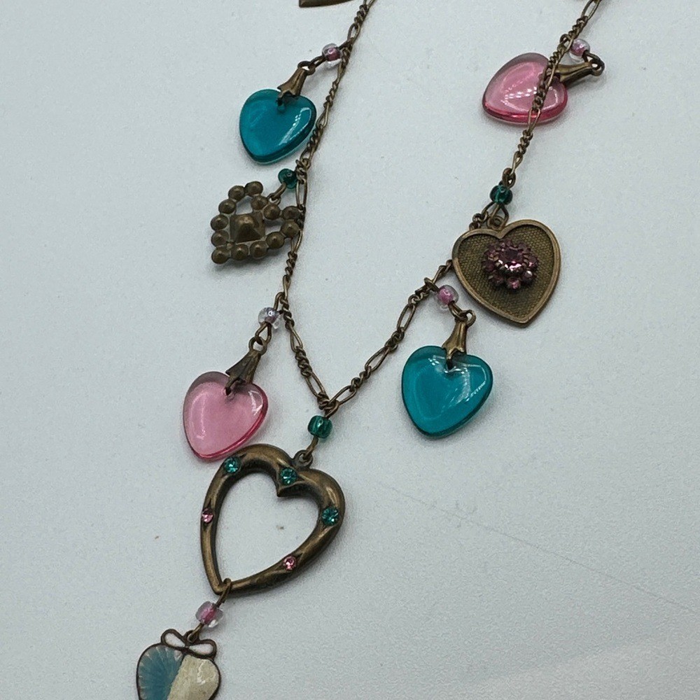 Vtg Glass Works Studio Necklace Enamel Heart Charm Long pink Blue 31″ Long #546