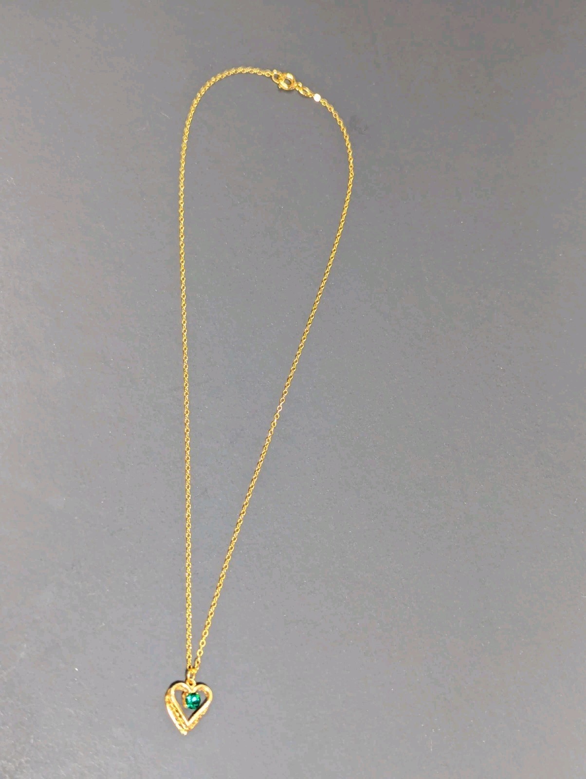 Vintage Gold Filled Chain Necklace 16″ Emerald Filigree Heart Pendant May