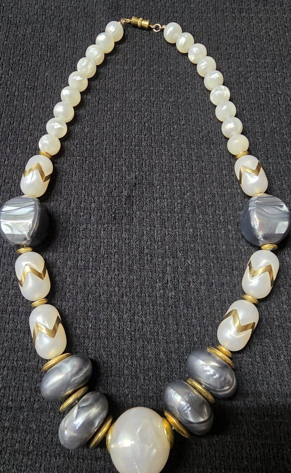 Vintage Chunky Faux Pearl And Gray Agate w/Gold Spacers and Embellishments 23″