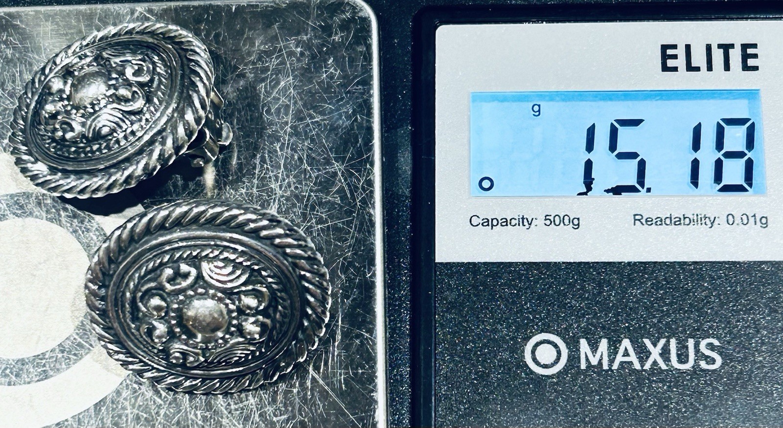 Vintage Sterling Silver Repousse Button Style Earrings Signed MEX 925 15.18 Gr.
