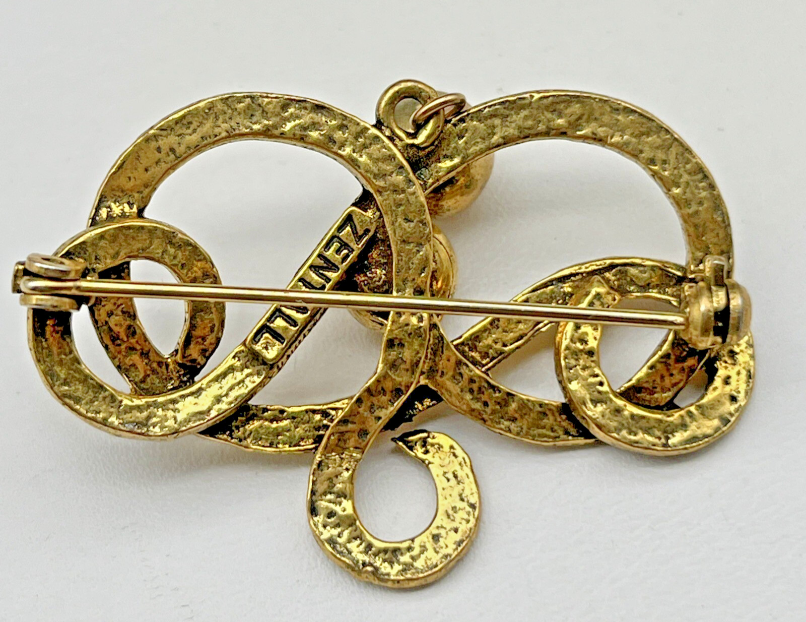 Vintage Signed ZENTALL Estate Gold Tone Brooch Dangling Ball Art Nouveau Style