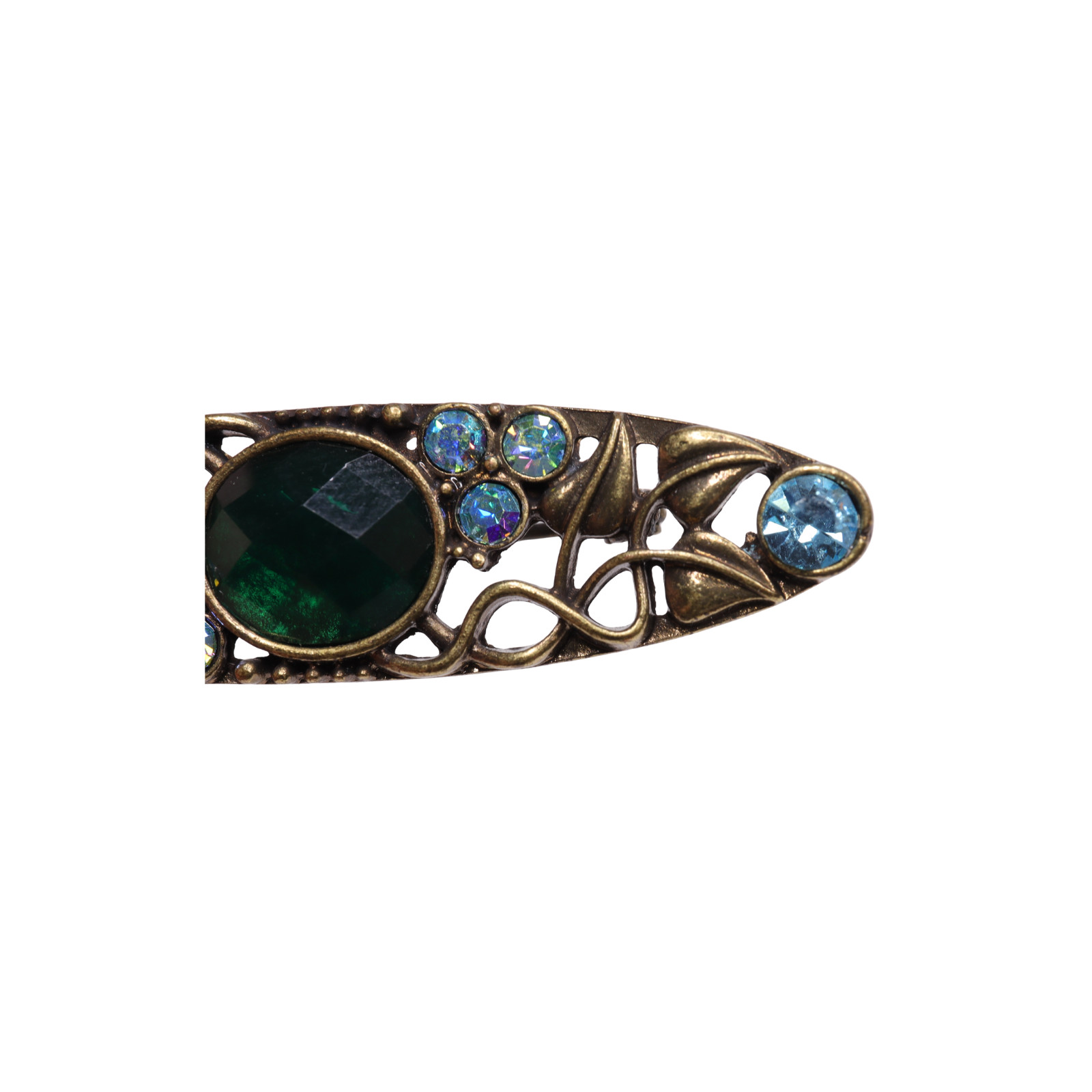 Green Blue Rhinestone Copper Look Brooch With Safety Clasp Closure – 2 Inches