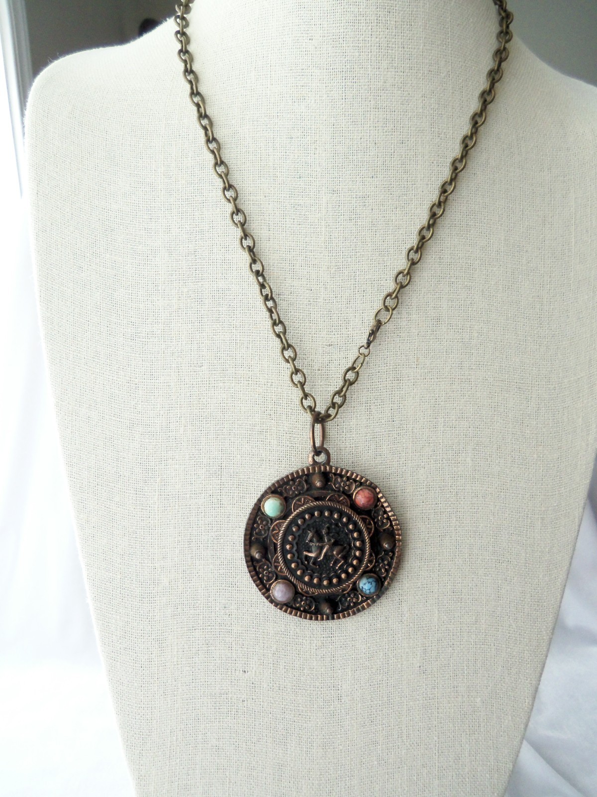 Vintage Copper Brass Faux Gemstone Knight Crest Shield Brooch Pendant Necklace