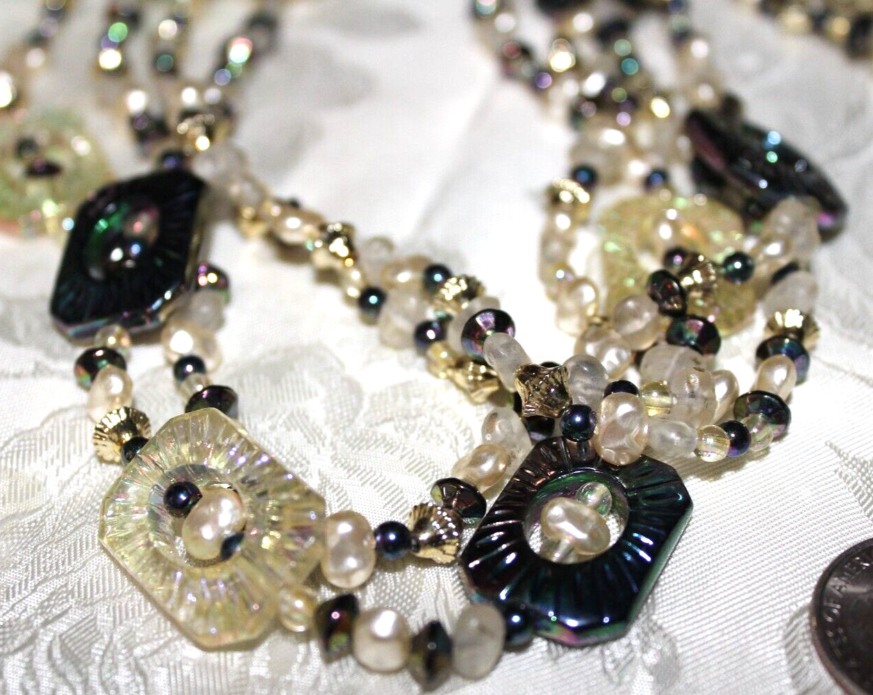 VTG 4 STRAND FAUX PEARL AND AB BEAD NECKLACE+HOOK DANGLE EARRINGS STUNNING