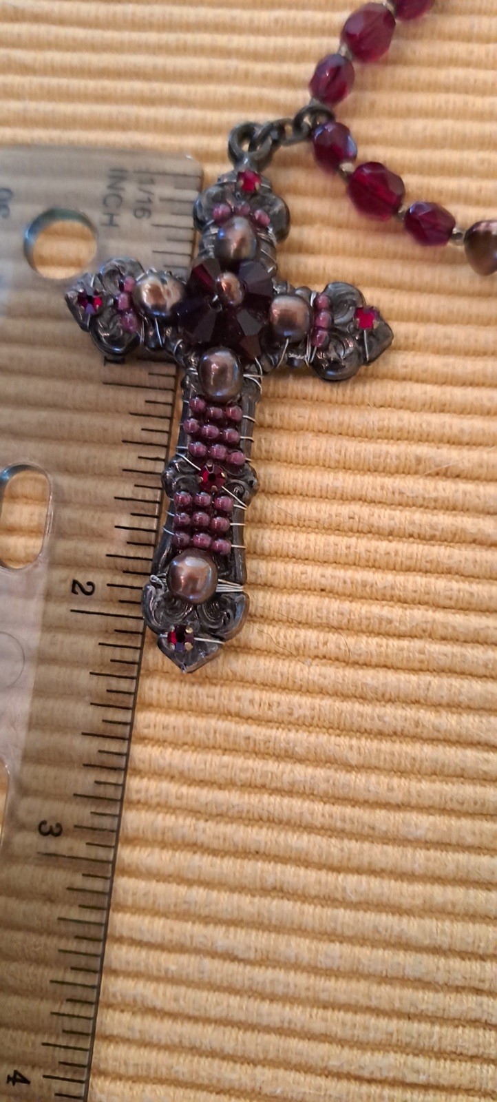 Vintage Signed Miriam Haskell Garnet Red Glass Bead Deco Necklace w Beaded Cross