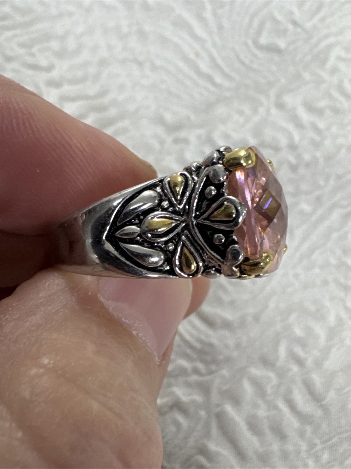 Vintage 18K GE Two Tone Large Faceted Cushion-Cut Pink Cubic Zirconia Ring 10.25