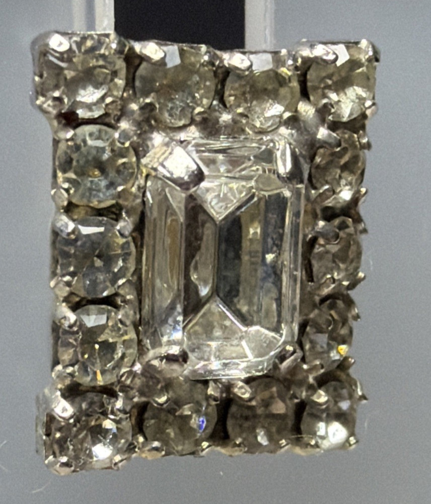 Vintage Emerald Cut Baguette Rhinestone Halo Cluster Pierced Earrings Prong Stud
