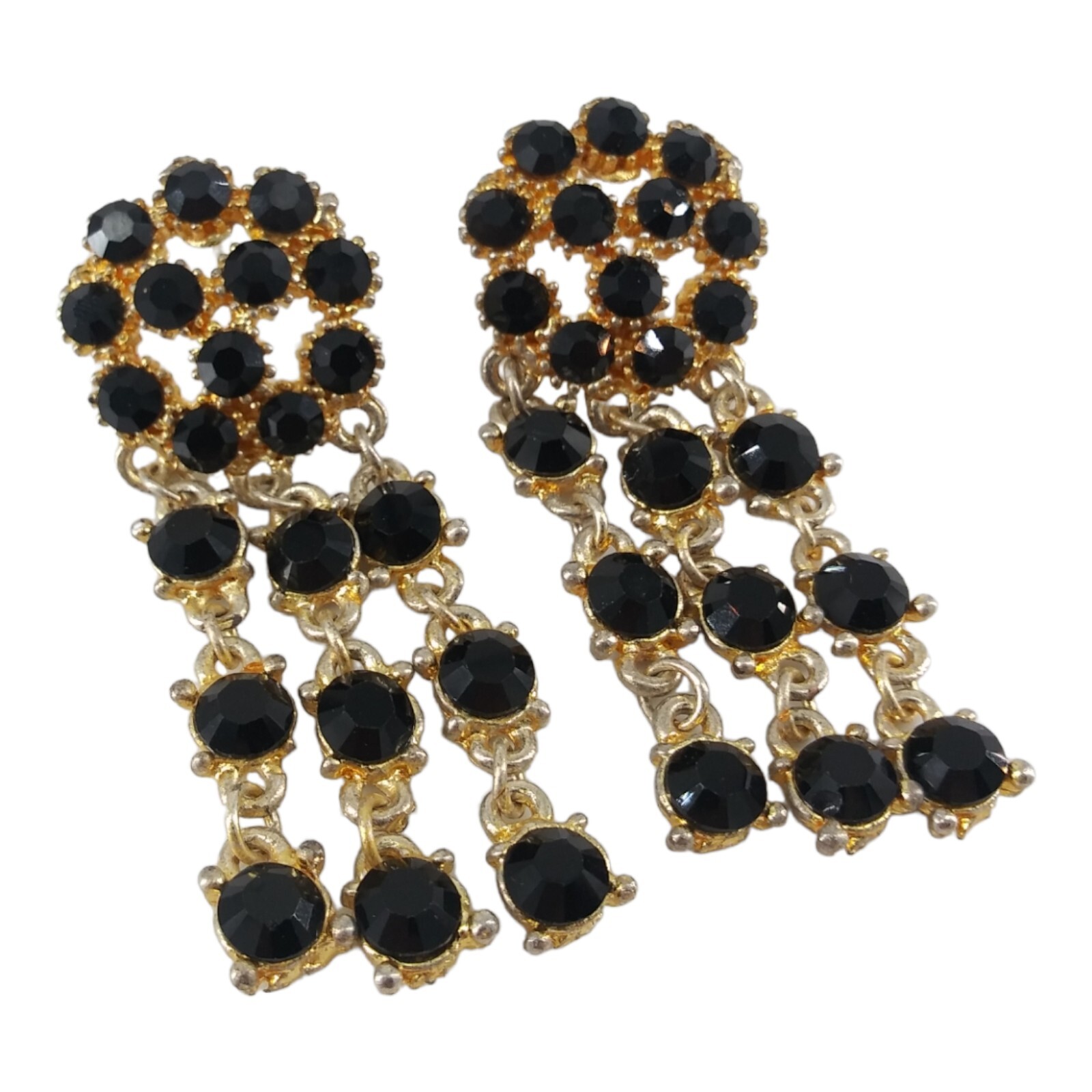 Black Glass Chandelier Dangle Earrings Pierced Vintage Art Deco Classic Glamour