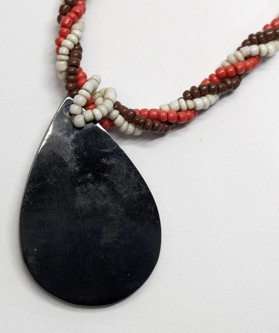 VTG Red White Brown Twisted Beaded 18.5″ Necklace Abalone Shell Inlay Boho