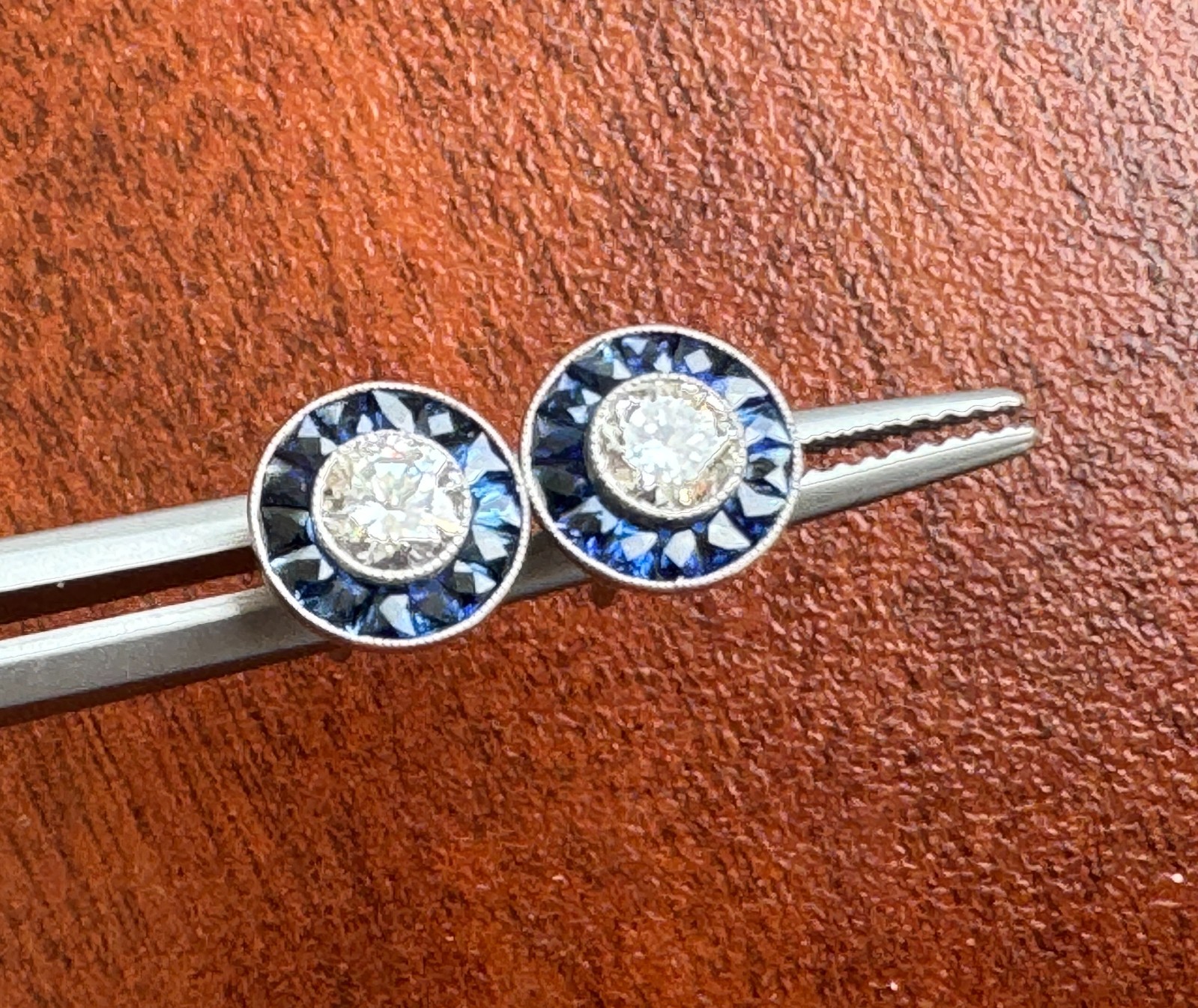 ART DECO STYLE .55 ctw DIAMOND w/ SAPPHIRE HALO PLATINUM EVERYDAY STUD EARRINGS