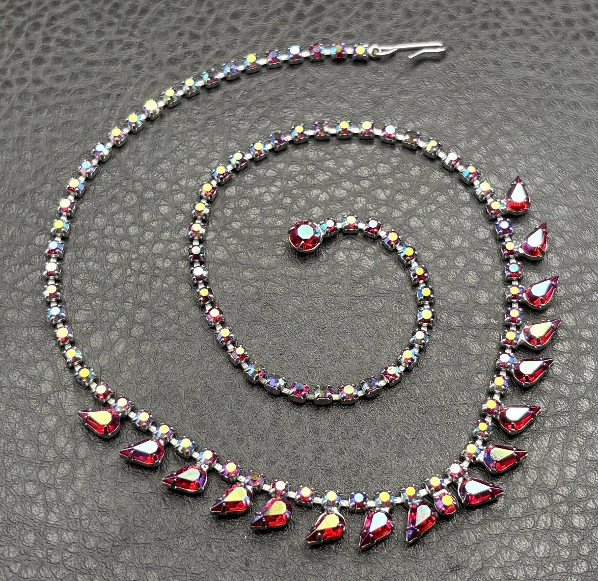 Vintage B. David Aurora Borealis Red AB Crystal Rhinestone Necklace 18”