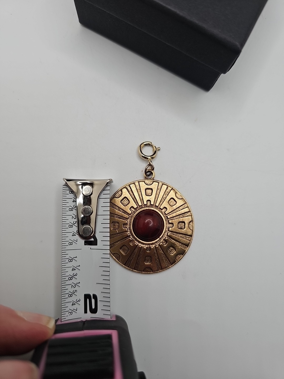 1978 Sarah Coventry Safari Medallion Pendant Charm Spring Ring Red Cabachon