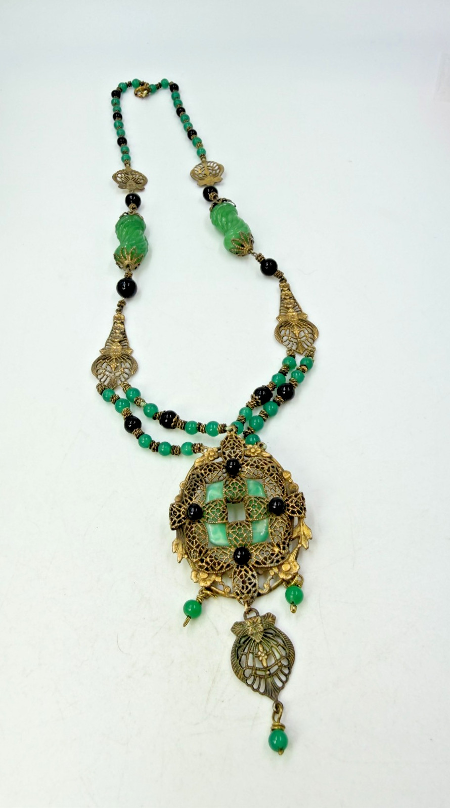Vintage Necklace Art Deco Green Art Glass Brass Filigree Pendant 20 Inches PJ