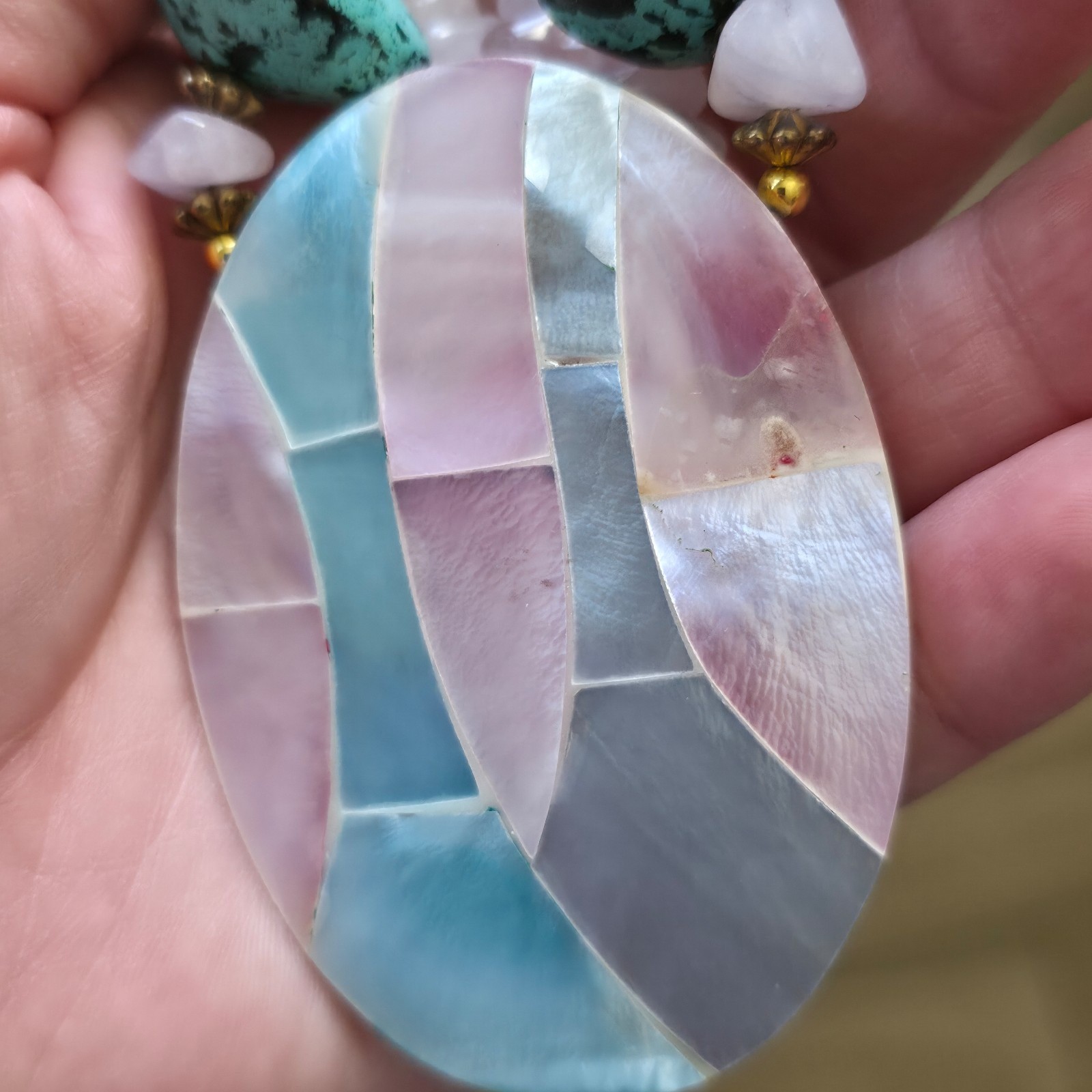 Vintage Necklace Earrings Set Acrylic Mosaic Shell Rose Quartz Howlite