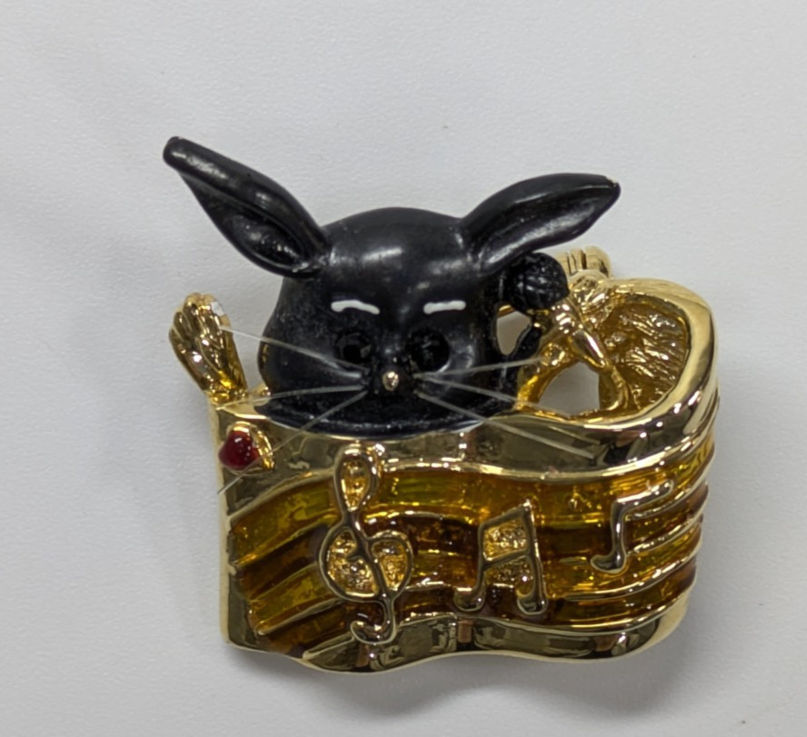 VTG Cute Black Rabbit Gold Tone Sheet Music Notes Microphone Enamel Brooch Pin
