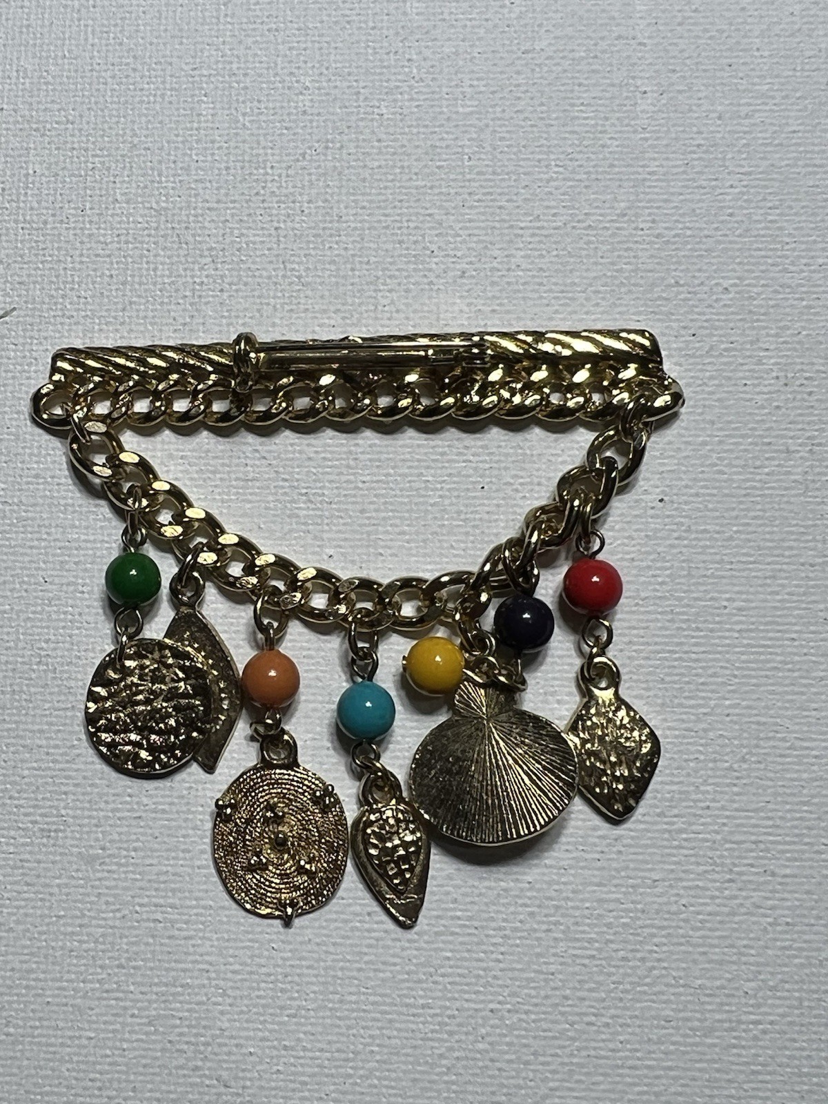 Dangle Bar Brooch Pin Gold Tone Assorted Gemstone charms Retro Vintage beaded