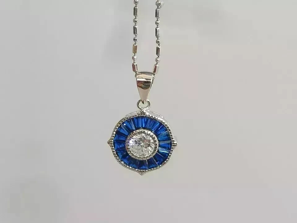 Art Deco Style Lab Created Diamond Sapphire Engagement 14K White Gold FN Pendant