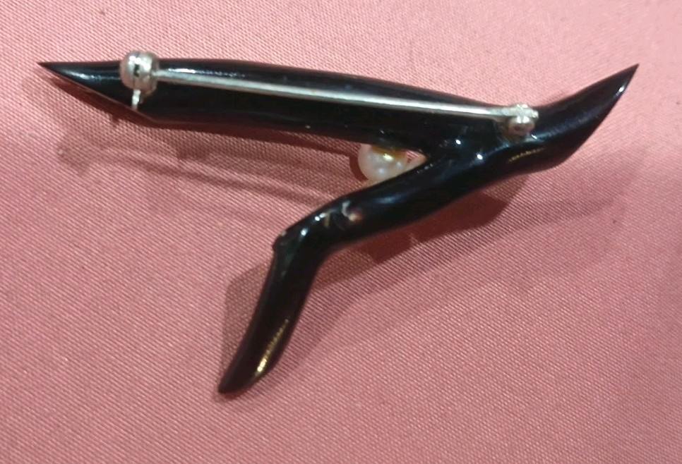 Vintage Hawaiian Black Coral Branch Pearl Pin Brooch, Patmounts,Hawaii 70s