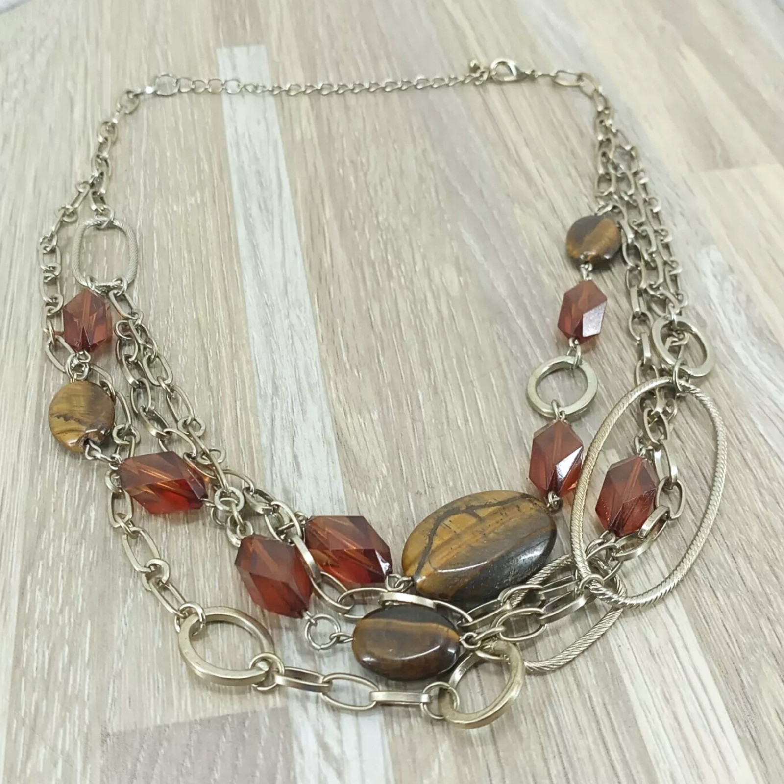 Vtg Necklace Tiger Eye Stones with Acrylic Beads Multi Strand Fashion Jewelry