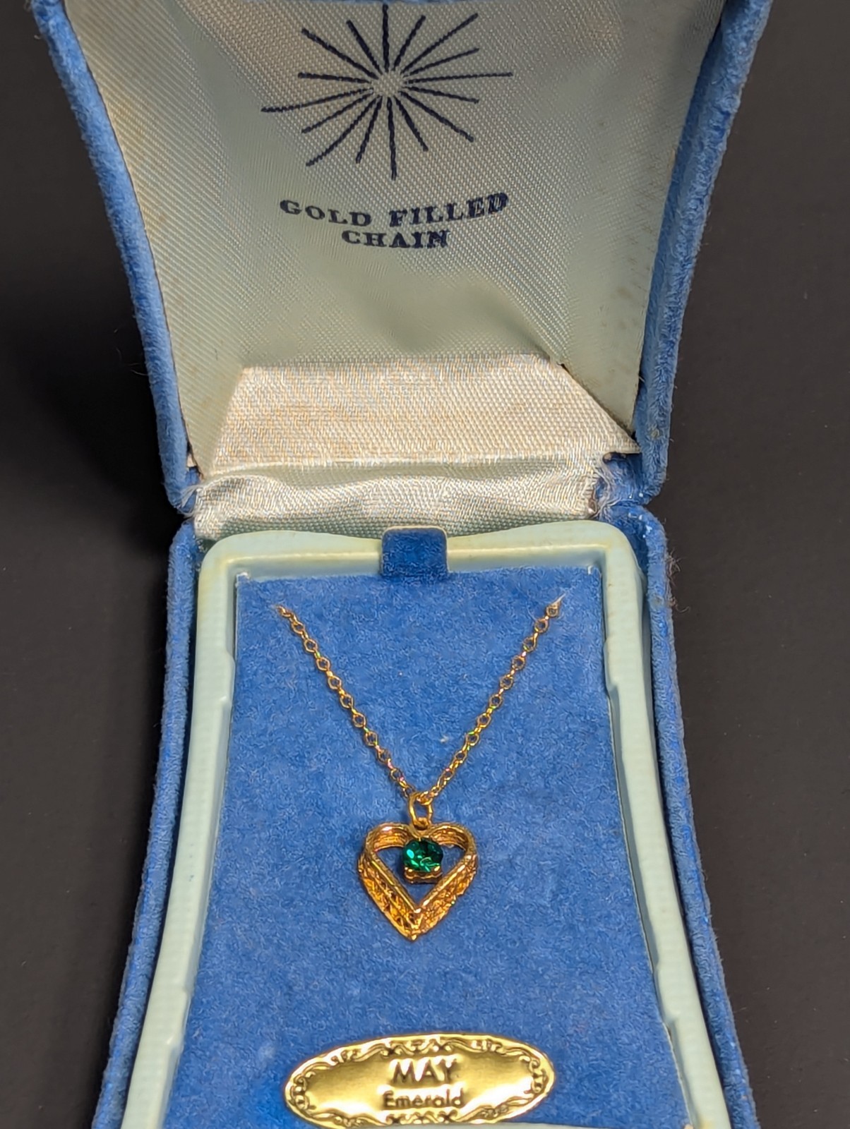 Vintage Gold Filled Chain Necklace 16″ Emerald Filigree Heart Pendant May