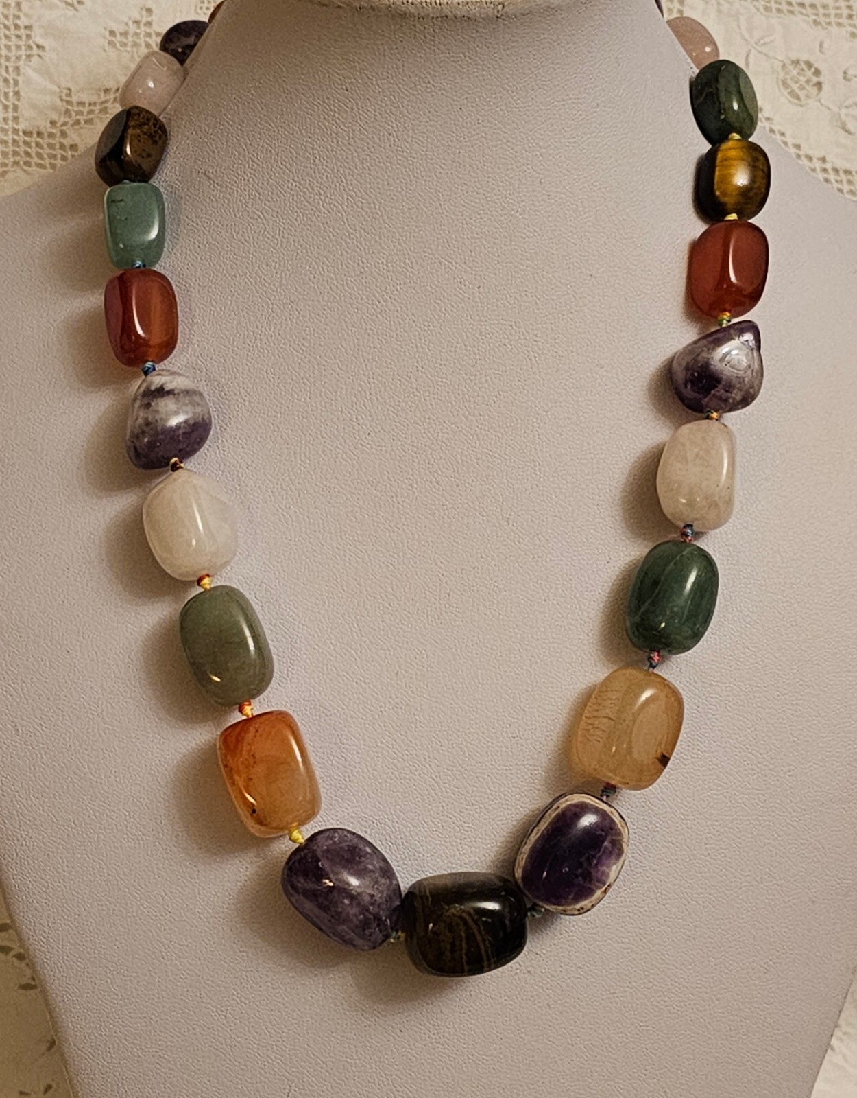 Vintage Natural Carnelian Agate Jade Aventurine Tiger’s Eye Bead Necklace