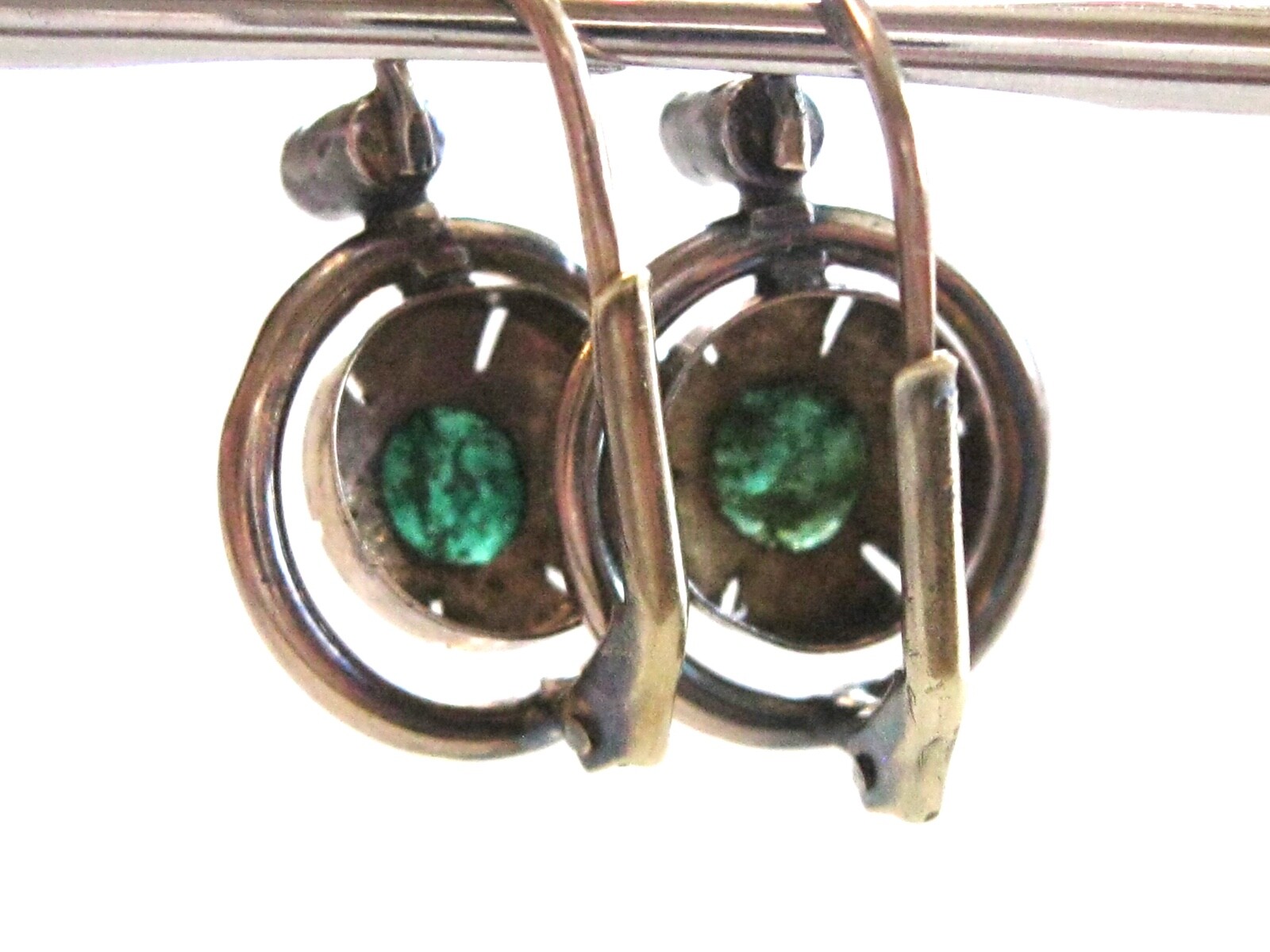 ANTIQUE CIRCULAR EMERALD AND ROSE CUT DIAMOND LEVER BACK GOLD EARRINGS 14K GOLD