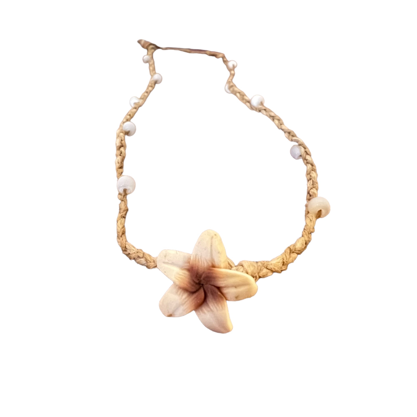 Handmade Boho Hemp Twine Flower Necklace Choker with Beads 90s Vintage 8“