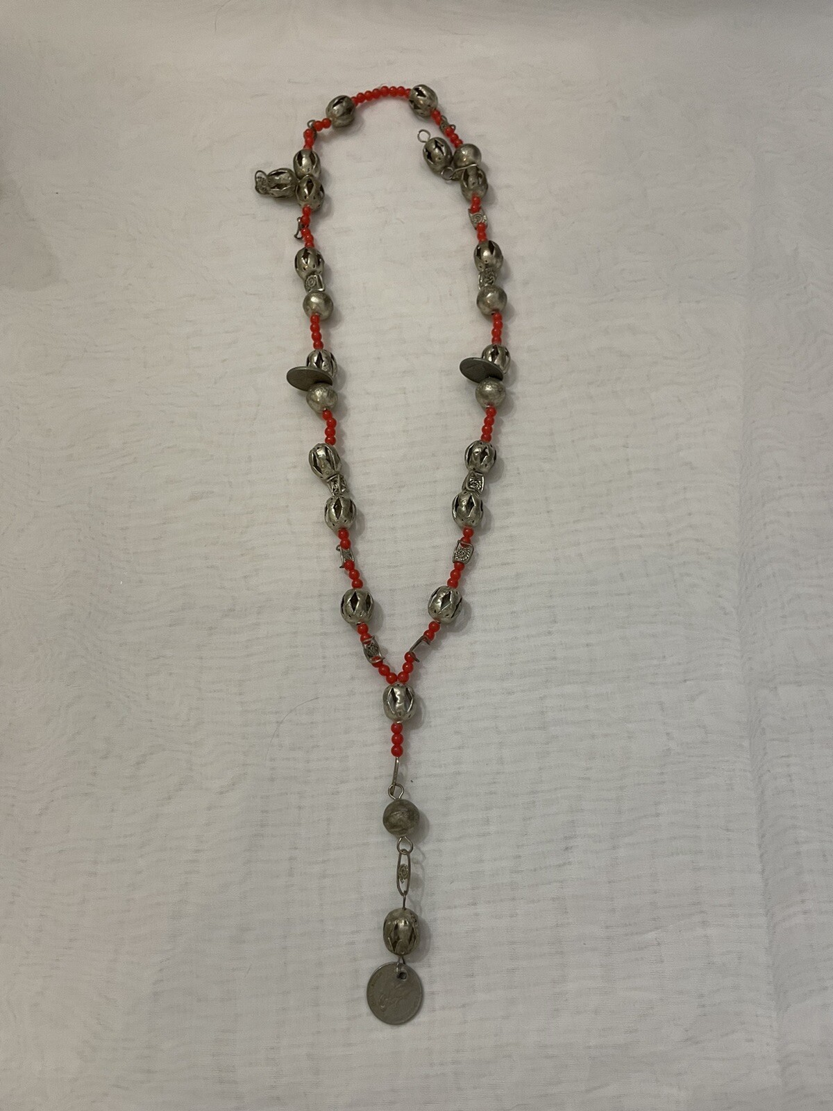 Vintage Guatemalan 26” Silver Coin Chachal Necklace With Red Glass Trade Beads