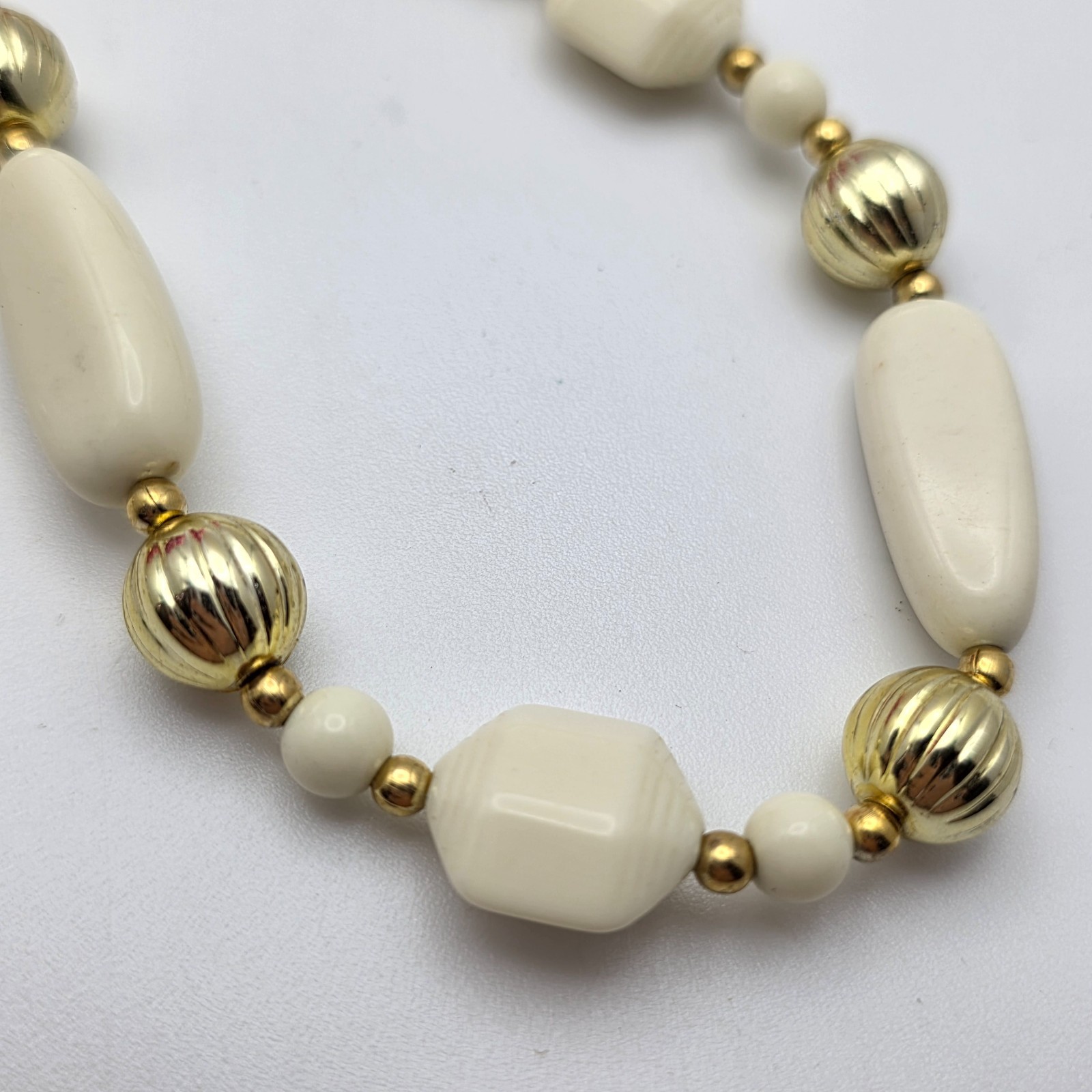 Vintage Lucite Necklace, Ivory Beads Gold Tone Accents, 36 In Mid Century