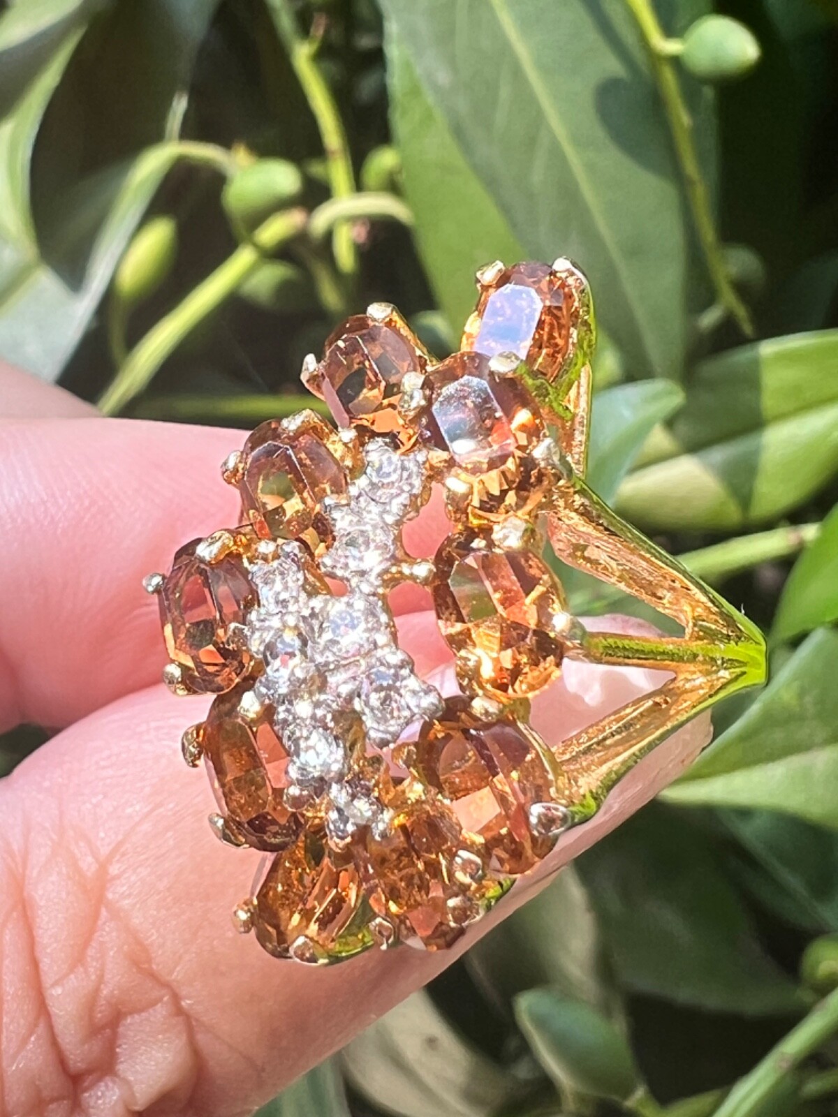 VINTAGE LARGE FAUX CITRINE GLASS CZ CUBIC ZIRCONIA COCKTAIL DRESS RING STATEMENT
