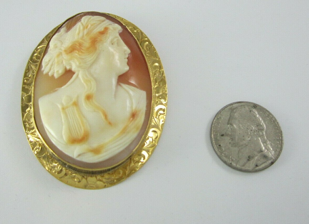 BEAUTIFUL LADIES 10K YELLOW GOLD LARGE ORANGE CREAM CAMEO BROOCH/PIN 15.3G
