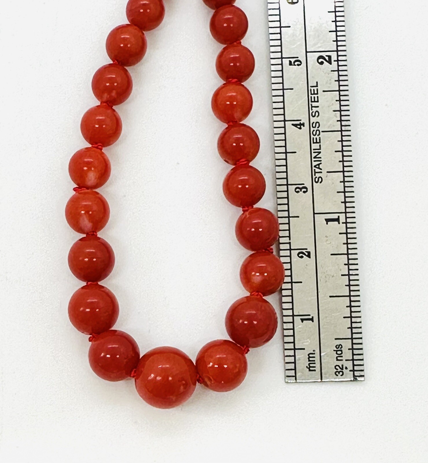 Natural Red Coral 9 mm x 4 mm Strand 18k Yellow Gold Necklace 17.5″