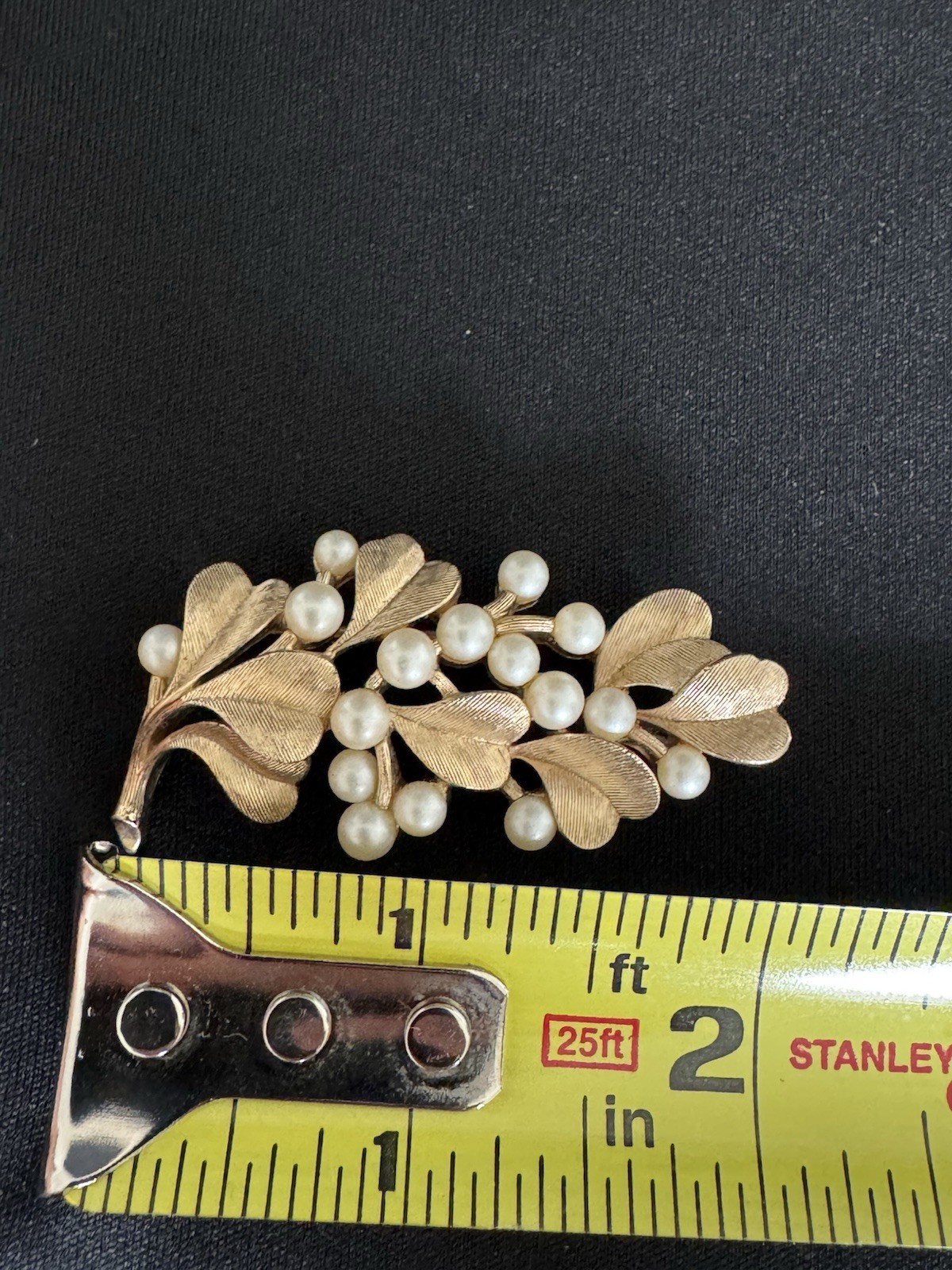 Vintage Crown Trifari Faux Pearl Berry Leaf Spray Brooch Gold Tone Textured Pin