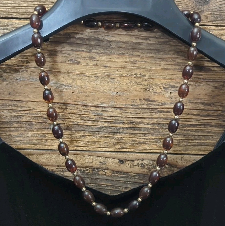 Vintage Avon Cognac Faux Amber Lucite Beaded Necklace Gold Tone Accents