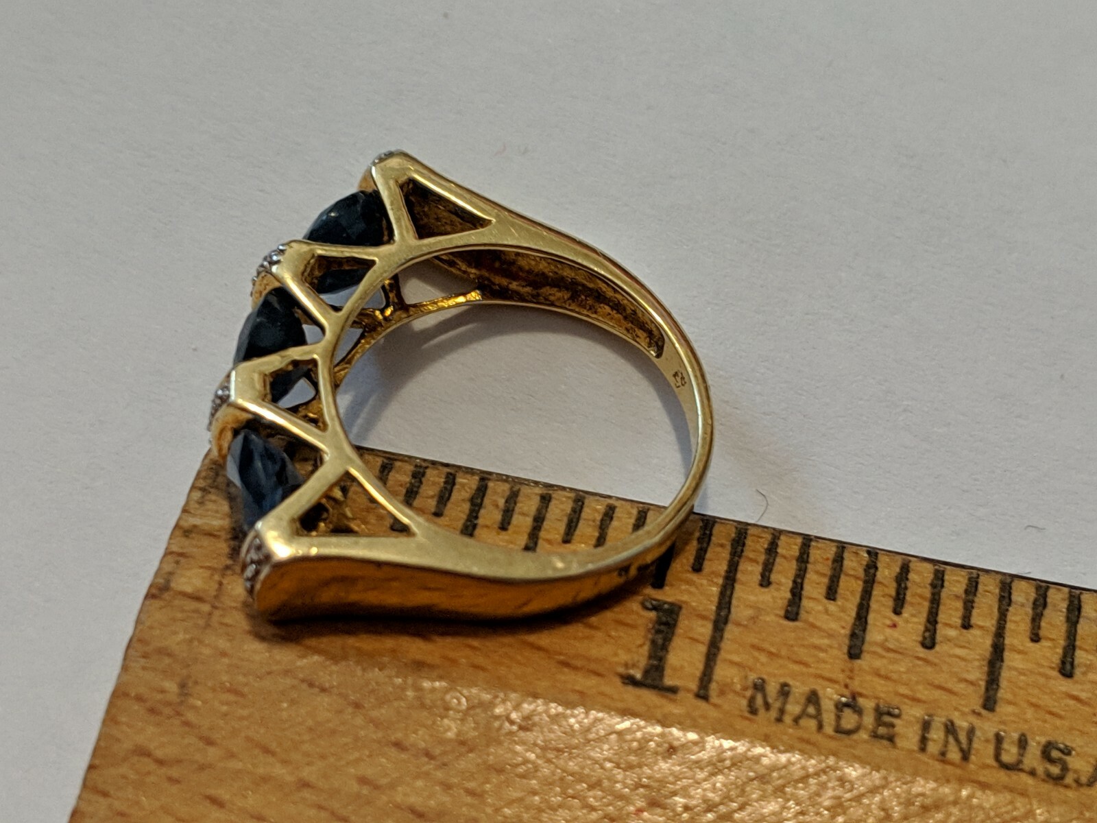VINTAGE SAPPHIRES VERMEIL STERLING SILVER RING ABOUT SIZE 7 1/2 SIGNED CJ